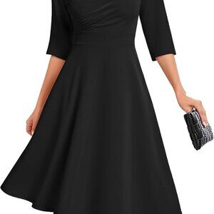 Women Cocktail Dress Vintage V Neck Midi 3/4 Sleeve Formal Wedding Guest